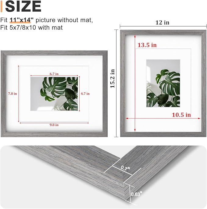 Egofine 11x14 Picture Frames Set of 4, Made of Solid Wood Covered by Plexiglass 5x7 and 8x10 with Mat or 11x14 without Mat, for Table Top Display and Wall Mounting Photo Frame Light Grey