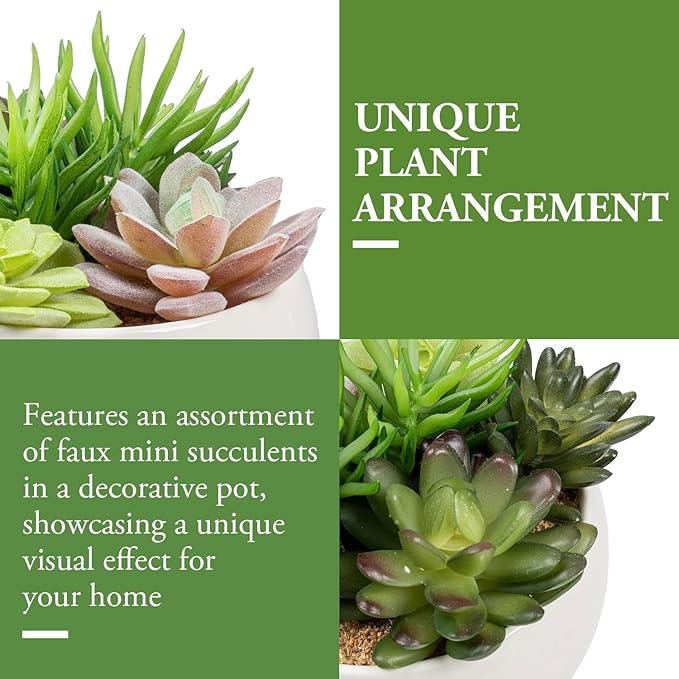 MyGift 6 Inch Round Modern Artificial Succulent Arrangement Potted in White Ceramic Plant Bowl, Assorted Faux Mini Succulents in a Decorative Planter Pot