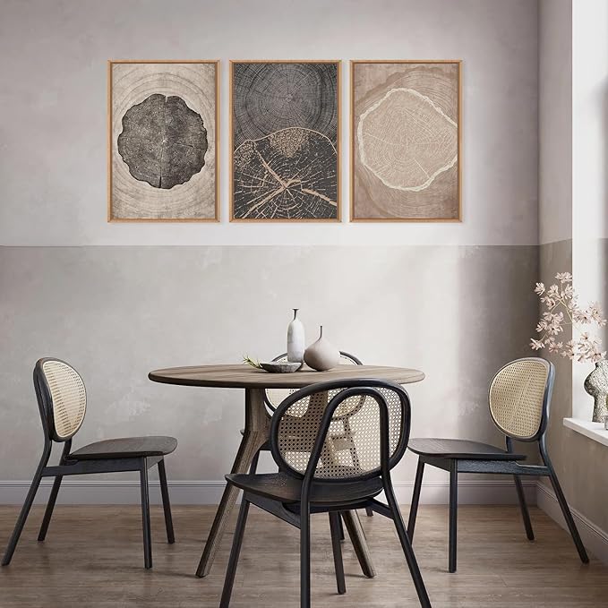 HOURIA Neutral Brown Tree Rings Framed Canvas Wall Art Set,Modern Beige Tan Wood Stump Wall Decor,Vintage Abstract Tree Spiral Art Print,Nature Black Artwork for Living Room,Bedroom,Office- 16"x24"x3