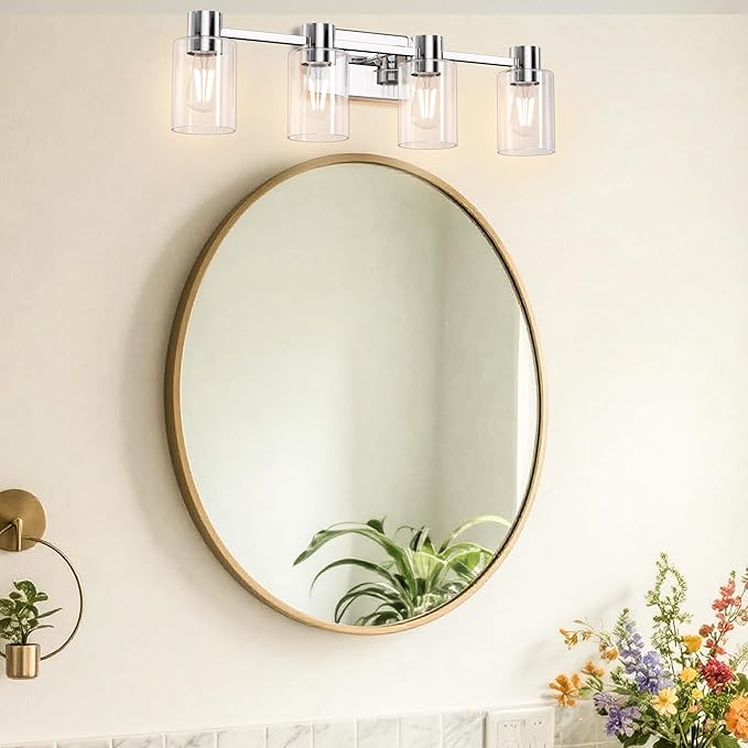 4-Light Modern Vanity Light Fixtures Over Mirror, Chrome Bathroom Light Fixtures, Vanity Lights, Wall Sconce with Clear Glass Shade for Bathroom, E26 Base