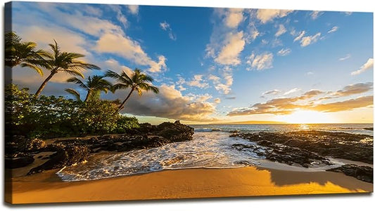 DZL Art S75462 Large Beach wall art Secret Beach at sunset, Maui, Hawaii Canvas Wall Art For Living Room Decoration Nature Picture Canvas Prints Painting for for Office Wall Decor Home Decorations