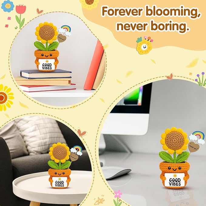 Crochet Sunflower Desk Gift – Good Vibes Affirmation Plush – Positive Energy Decor for Coworker, Teacher, Friend, Employee,– Motivational Pick-Me-Up for Women, Men