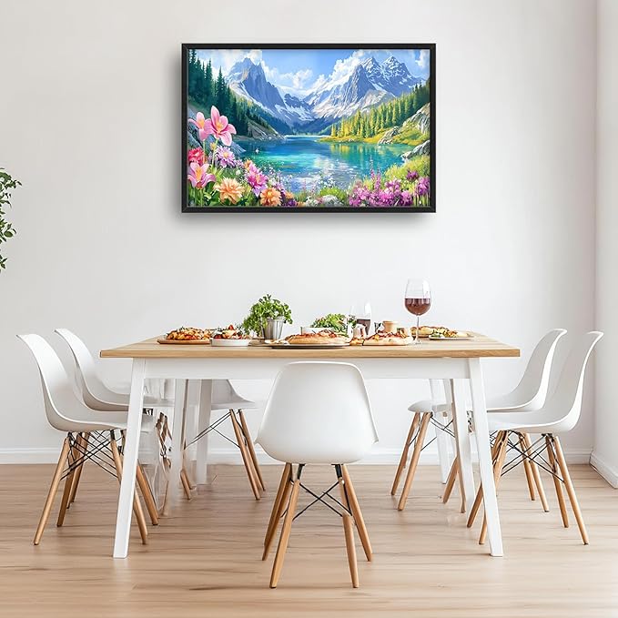 Extra Large Framed Mountain Lake Wall Art,Colorful Wild Flower Wall Decor,Mountain Forest Landscape Pictures for Living Room,Canvas Print Painting Modern Artwork Bedroom Office Bathroom 36L x24W