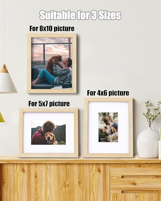 Egofine 8x10 Picture Frames Set of 4, Made of Solid Wood Covered by Plexiglass 4x6 and 5x7 with Mat or 8x10 without Mat, for Table Top Display and Wall Mounting Photo Frame Oak Wood