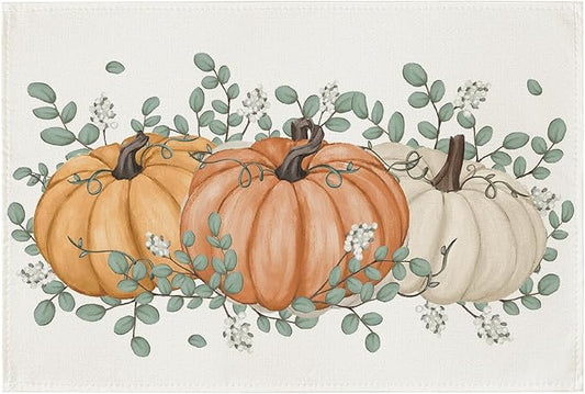 Artoid Mode Pumpkins Eucalyptus Leaves Fall Placemats, 24x36 Inch Extra Large Table Mats for Kitchen Countertop Protector Dining Decoration