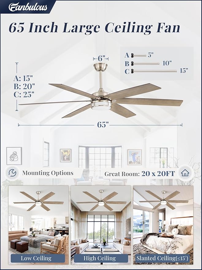 65 Inch Ceiling Fans with Lights, Farmhouse Large Ceiling Fans with Remote, Brown&Grey Modern Ceiling Fan with LED Light, Quiet DC Motor for Living Room, Bedroom, Kitchen, Indoor