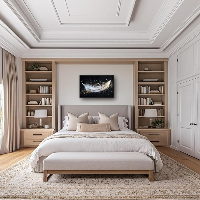 Flintis Large Feather Framed Wall Art White and Gold Feather Pictures Wall Decor Abstract Modern Canvas Painting Print Artworks Decor Framed for Living Room Bathroom Master Bedroom 36L X 24W