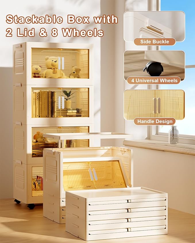 304QT Stackable Storage Bins with Lids 4 Pack, 76Gal Storage Containers with Smooth-Rolling Wheels, Plastic Closet Organizers and Storage, Collapsible Storage Bins for Home, Office and Dorm