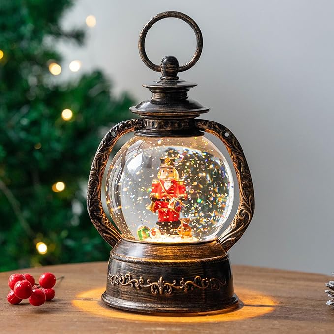 Musical Snow Globe Lantern Lighted Nutcracker Christmas Snow Water Lantern Swirling Glittering Home Decoration and Gift, Battery Operated or USB Powered