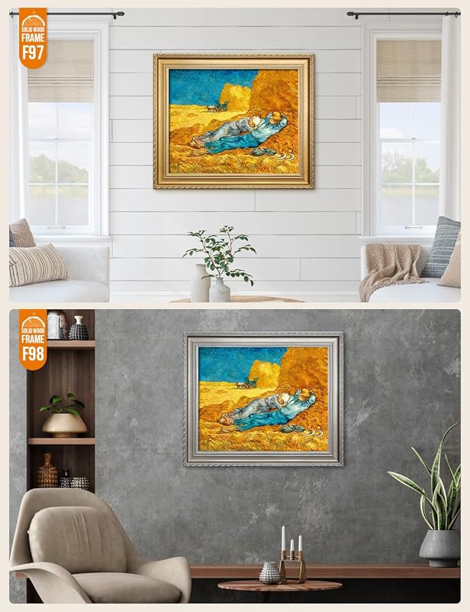 DECORARTS - Noon: Rest from Work - Vincent Van Gogh Giclee Prints w/Antique Brown Frame for Wall Decor. Picture Size: 20x16, Total Size w/Frame: 23x19