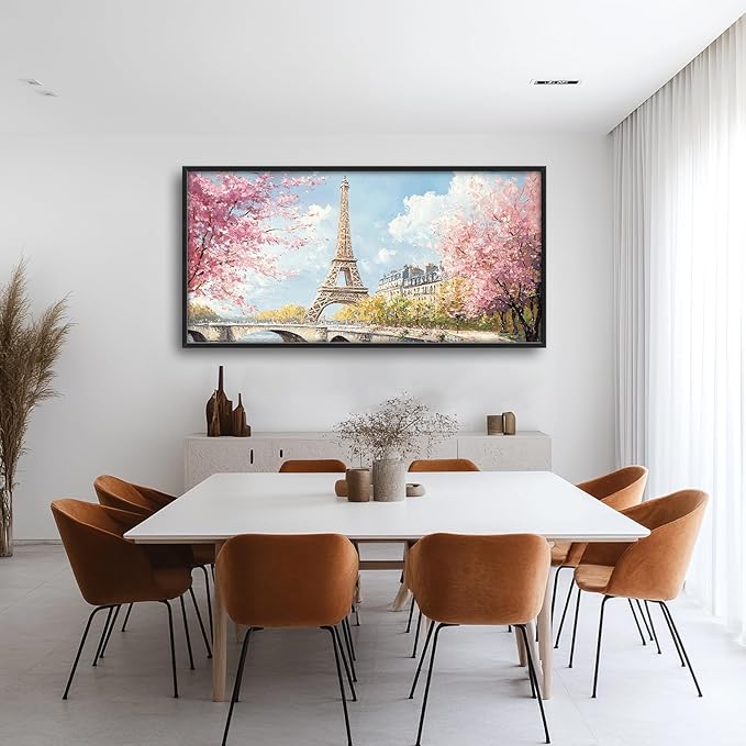 Eiffel Tower Framed Wall Art for Living Room, Large Paris Tower Canvas Wall Decor, Pink Cityscape Pictures Painting, Natural Landscape Modern Artwork for Living Room Bedroom 60L'' × 30W''