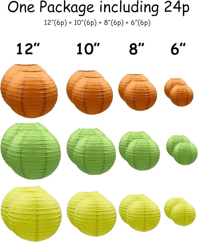 Handmade Decorative Chinese Japanese Hanging Paper Lanterns 24pcs Assorted Sizes 6”, 8”, 10”, 12” Mixture Colors Decoration for Home, Weddings and Parties Lanterns (Orange-Yellow-Green)