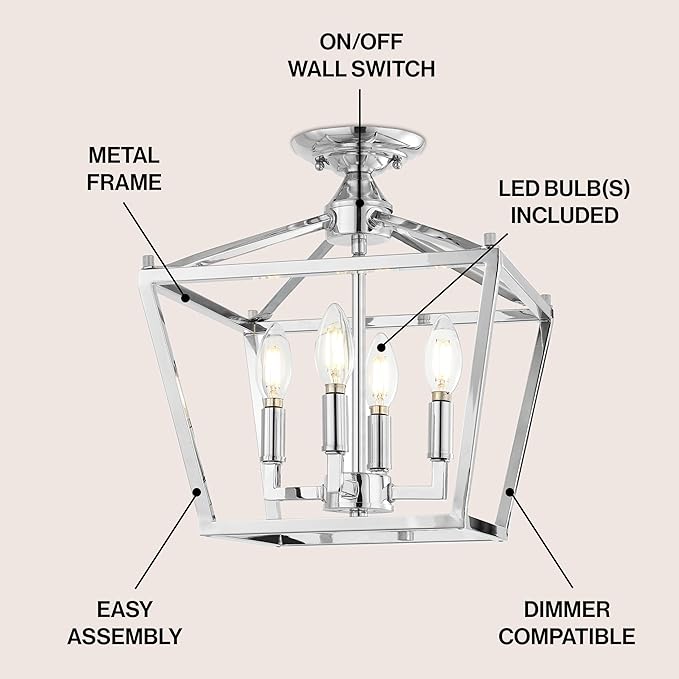 JONATHAN Y JYL7610C Plains Mini Lantern 12" 4-Light Iron Modern Farmhouse LED Flush Mount, Rustic, Industrial, Dimmable, 2700K Cozy Warm Light Kitchen, Hallway, Bathroom, Stairwell, Chrome