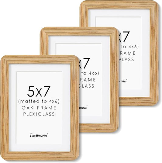 5x7 Picture Frame Set of 3, 5 by 7 Photo Frames for Wall & Tabletop Display, Solid Oak Wood Frames with Plexiglass, 5x7 Frame Matted to 4x6, Light Wood 5 x 7 Gallery Wall Frame Set, Natural Oak Color