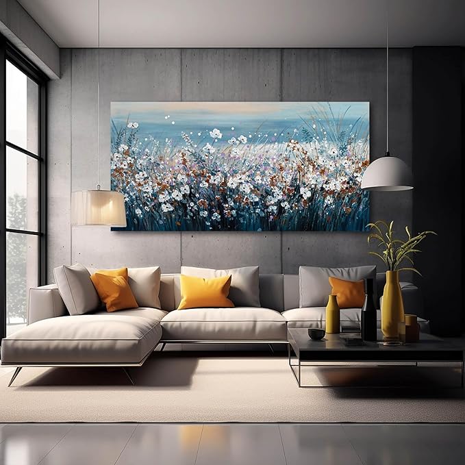 Blue Pictures Wall Decor Ocean Landscape Framed Wall Prints for Living Room Floral Wall Art Office Posters for Room Decor 29x58 Inch Hotel Art