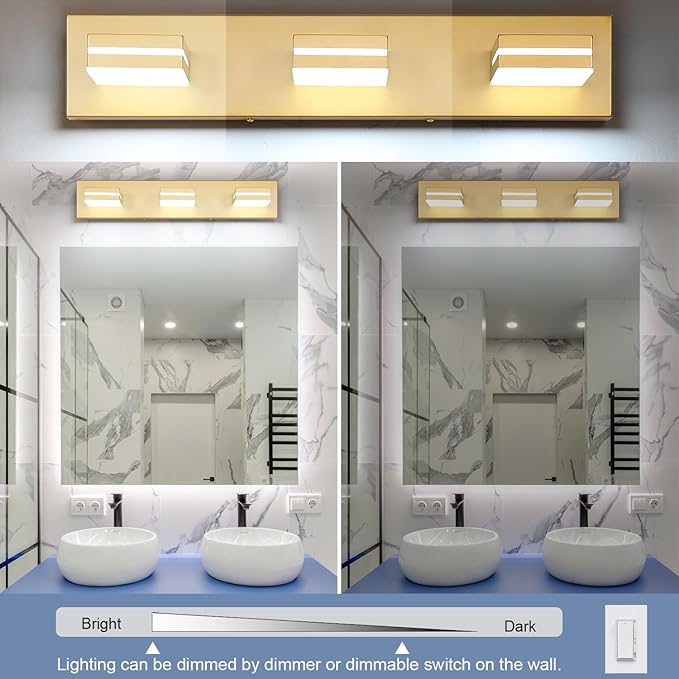 SineRise LED Modern Bathroom Vanity Light Fixtures (3-Light, 24-Inch, Dimmable), Matte Gold Modern Acrylic Bathroom Wall Lighting Fixtures Over Mirror (Cool White 6000K)
