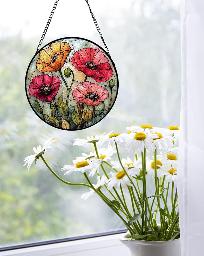 Stained Glass Suncatcher, Red Orange Poppy Flowers Sun Catcher Silver Background Wildflowers Window Hanging Decor Christmas Mother Birthday Gifts for Women Men Mom Nana 6.3 in