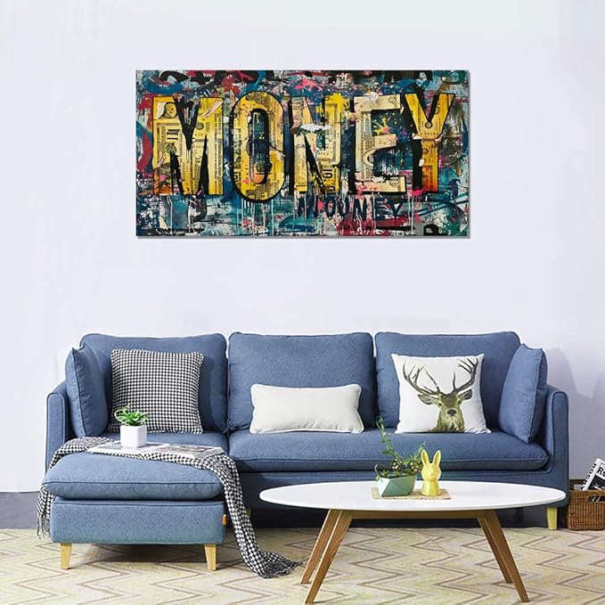Yatsen Bridge Large Size Office Graffiti Wall Art Money Canvas Paintings Artwork Motivational Money Artwork Poster and Prints Large Bedroom Walls Decoration Framed Ready to Hang-48x24 inch
