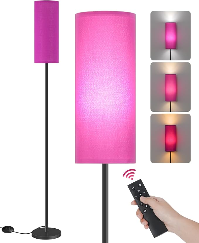 Dimmable Purple Floor Lamp for Living Room with Remote and Foot Switch, Corner Floor Lamp for Bedroom, 64.4" Standing Tall Lamp, 10W 900LM Bulb Included, 3000K-6500K, Linen Shade, FCC Listed Z06LD05W1