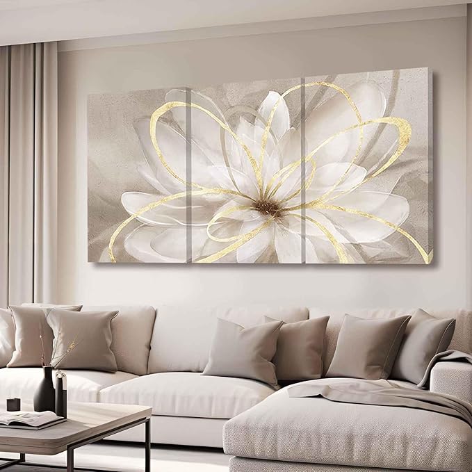 Kureful White Floral Wall Art Maximalist Decor 16"x 24"x 3 Pieces Flower Canvas Painting Wall Decor Gold Picture for Living Room Bedroom Home Decor