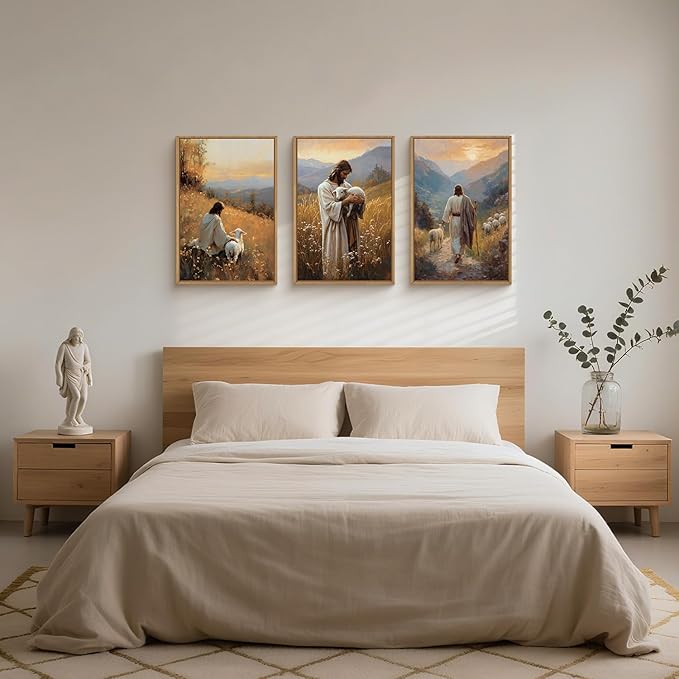 HOURIA Jesus The Good Shepherd Framed Canvas Wall Art Set,Biblical Lamb Sunset Wall Decor, Mountain Meadow Landscape Artwork,Christian Religious Art Prints for Living Room, Bedroom, Church- 24"x36"x3
