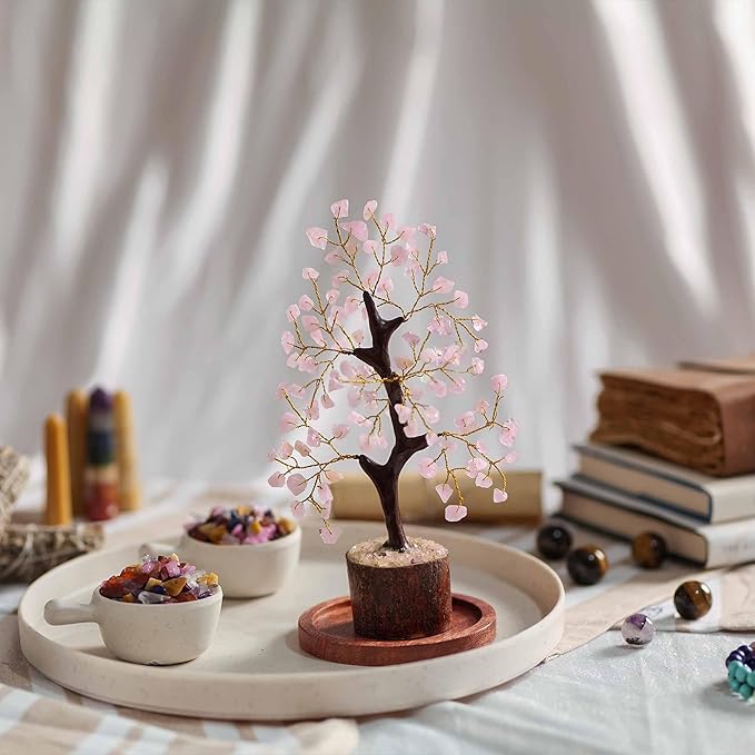 NARIBABU Rose Quartz Crystal Tree (7–8 Inch, 100 Chips) – Handmade Gemstone Tree with Raw Stones & Golden Wire – Birthday Gifts for Women, Gift for Her, Spiritual Decor, Desk Decor