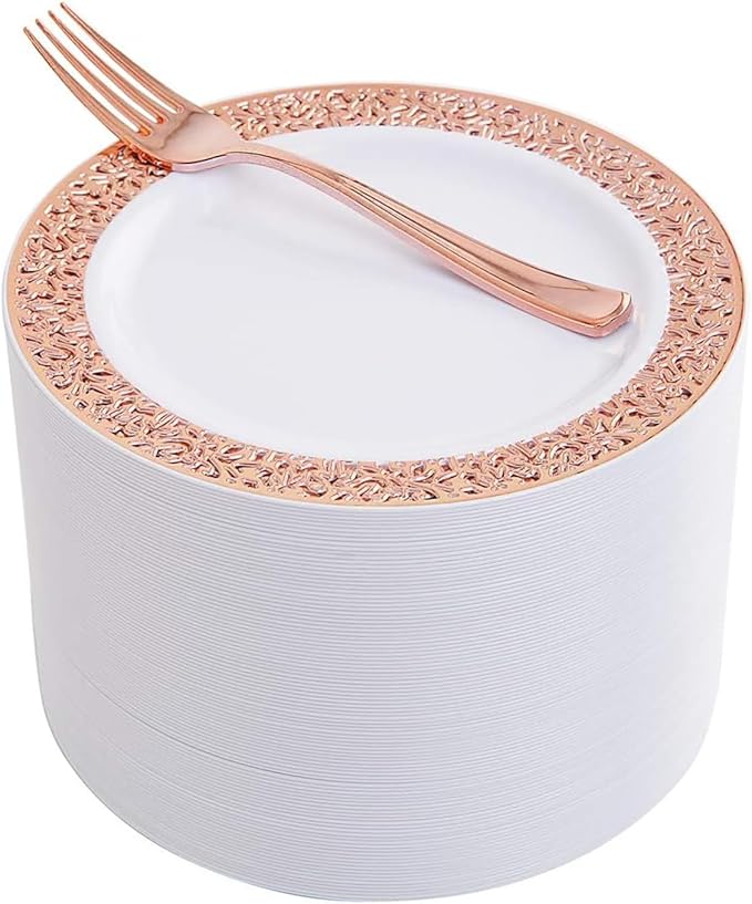 WDF 200 Pieces Rose Gold Dessert Plates with Forks, 100Pcs Lace Design Cake Small Rose Gold Appetizer Plates 7.5" and 100 Pcs Forks 7.4" for Wedding/Party