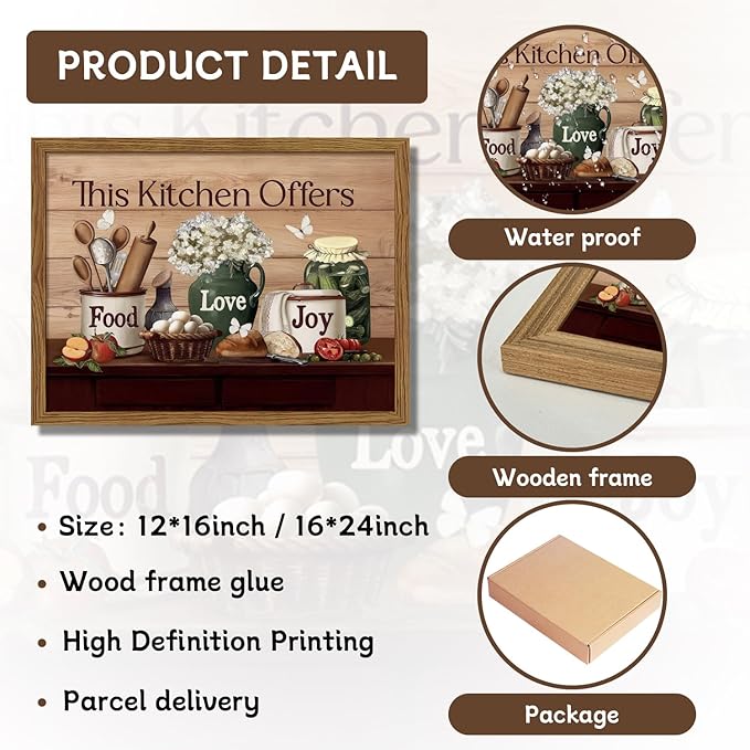 Kitchen Wall Art, Vintage Rustic Farmhouse Food Still Life Wall Decor Paintings, This Kitchen Offers Food Love and Joy Canvas Pictures Posters Prints for Dining Room Home Decor 16x24 Inch Wood Framed