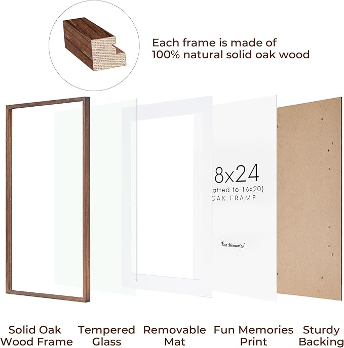 Fun Memories 18x24 Wood Frame, Natural Solid Oak Wood Poster Frame 24 x 18 with Tempered Glass, Wood Picture Frame 18 x 24 for Posters, 18''x24'' Matted Frame for 16x20 Picture, Walnut Color