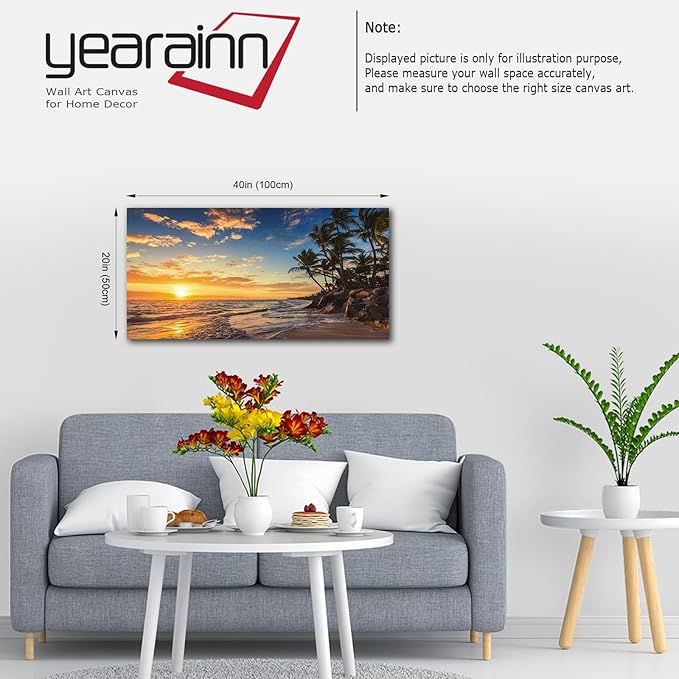 Sunset Beach Canvas Wall Art - Tropical Island Beach Pictures Natural Beauty Scene Wall Decor Coastal Ocean Waves Painting Coconut Trees Canvas Print Artwork Home Office Decoration 20" x 40"