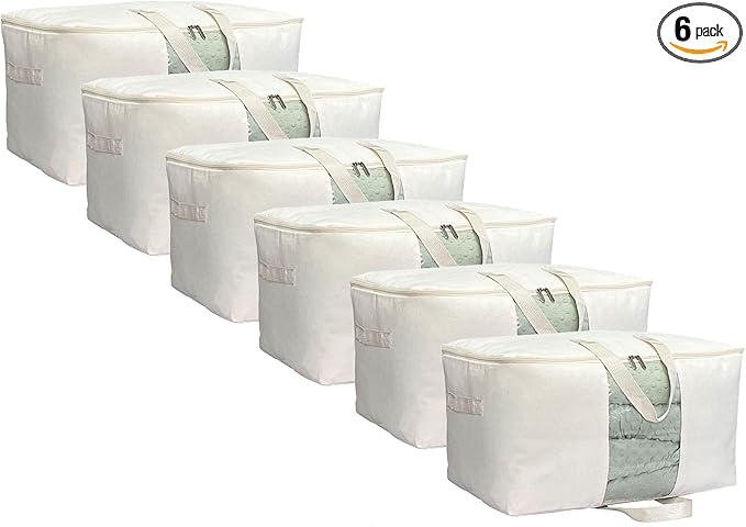 Soft Canvas Clothes Storage Bags with Four Carrying Handles and Clear Window, Closet Organizer for Clothing, Blankets Sheets and Bedding, 55L, 6 Pack, Beige