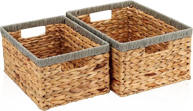 Wicker Baskets for Storage 2 Pack, Water Hyacinth Storage Baskets with Built-in Handles, Large Wicker Storage Baskets for Shelves & Organizing, Natural with Grey, Size L & M