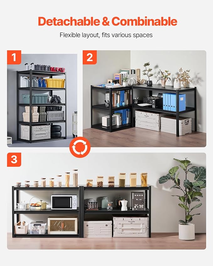 VEVOR Storage Shelves, 3000 lbs, 5 Tier Garage Storage Shelving, 24" D x 48" W x 72" H Adjustable Metal Shelves for Garage Shelves Utility Rack Shelf, Ideal for Kitchen, Warehouse, Basement, Black