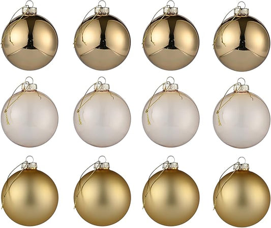 Gold Glass Christmas Ball Ornaments - 2.36' Hanging Ornaments Set of 12 Baubles for Holiday Party Xmas Tree Decorations Gifts