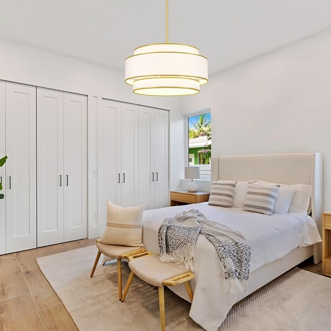 19.7''Drum Chandelier Dining Room Light Fixtures,3-Tier Modern White Fabric Chandelier Brushed Gold Pendant Lights Kitchen Island Lighting, Farmhouse Chandeliers for Living Room Foyer Staircase