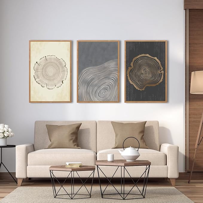 IARTTOP Large Framed Neutral Tree Ring Wall Art 16x24 Inch Set of 3 Modern Abstract Minimalist Wood Stump Wall Decor for Living Room Bedroom Office