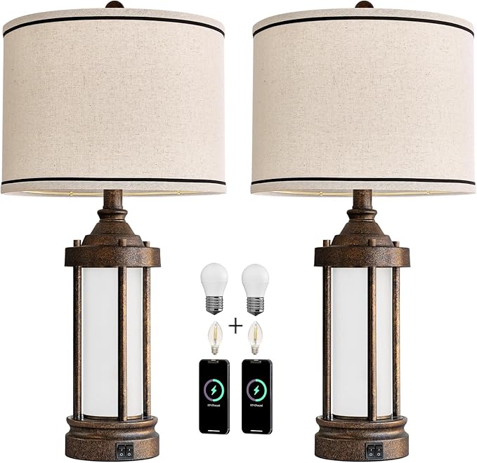25'' Table Lamps Set of 2 for Living Room Bedroom Farmhouse Metal Lamps with 2 USB Ports, Built-In Frosted Glass Night Light Vintage Industrial Nightstand Bedside Lamp, 4 Bulbs Included, Bronze