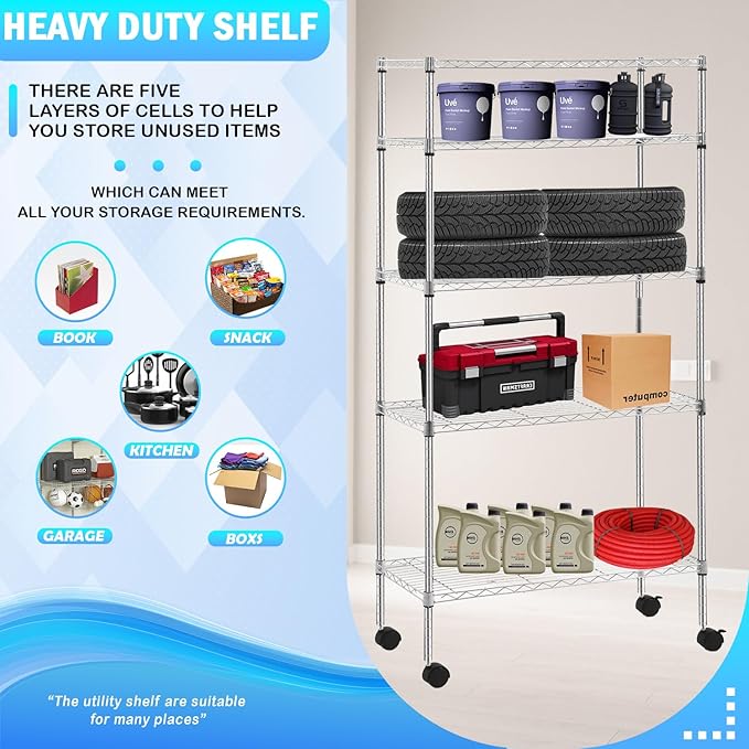 PayLessHere | 5-Tier Wire Shelf with Wheels | 14"x30"x60" | Chrome | Adjustable Racks | Heavy-Duty Storage Shelves, Holds Upto 220 lbs | Rust-Resistant, No-Tool Assembly | for Home, Garage Shelving
