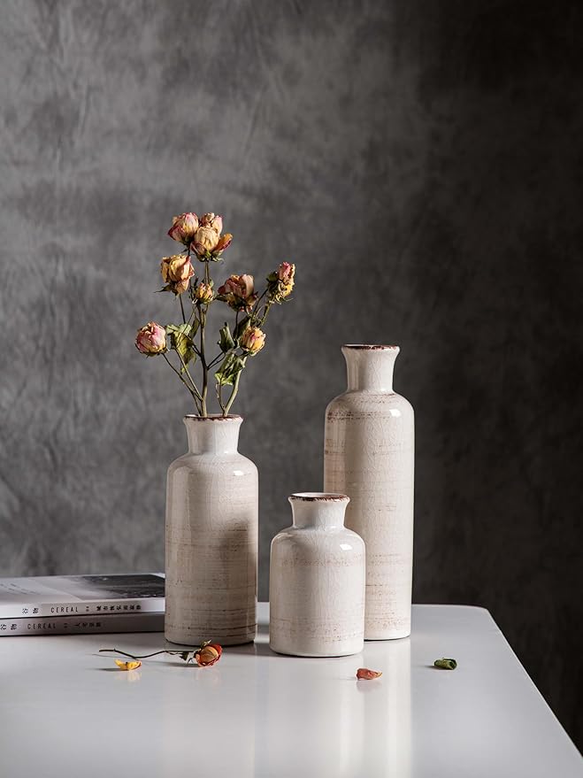 CwlwGO- Ceramic Rustic Vase 3 Piece Set,Small vase for Country Home Decoration,Modern Farmhouse Decor, Living Room Table Decoration, Bookcase, Fireplace and Entrance Decorations.(White)