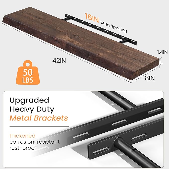 Fun Memories Floating Shelves for Wall, Live Edge 42" W x 8" D Wood Floating Shelf, Set of 2 with Invisible Heavy-Duty Metal Bracket, Deep Floating Shelf for Living Room Kitchen, Walunt Finish