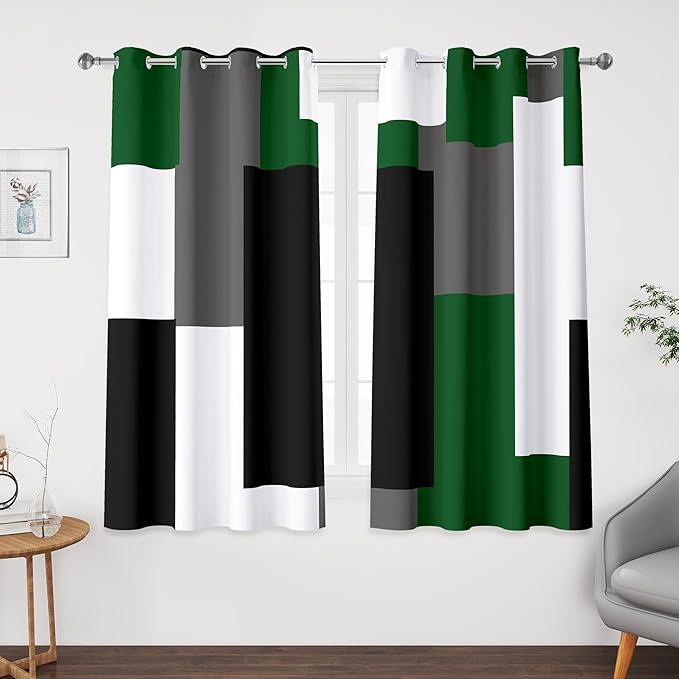 Green 100% Blackout Curtains 45 inch Length 2 Panels Set White Grey Modern Abstract Geometric Drapes for Kitchen Black Out Curtains Insulated Room Darkening Small Window Curtains, 52Wx45L