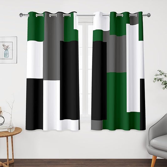 Green 100% Blackout Curtains 45 inch Length 2 Panels Set White Grey Modern Abstract Geometric Drapes for Kitchen Black Out Curtains Insulated Room Darkening Small Window Curtains, 52Wx45L