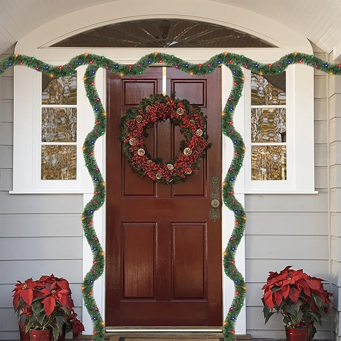 WATERGLIDE 49FT Lighted Christmas Green Garland with 100 Count Multicolor String Lights, Pre-lit Long Artificial Greenery Garlands, Plug in Holiday Decorative Lights for Indoor Outdoor Decor