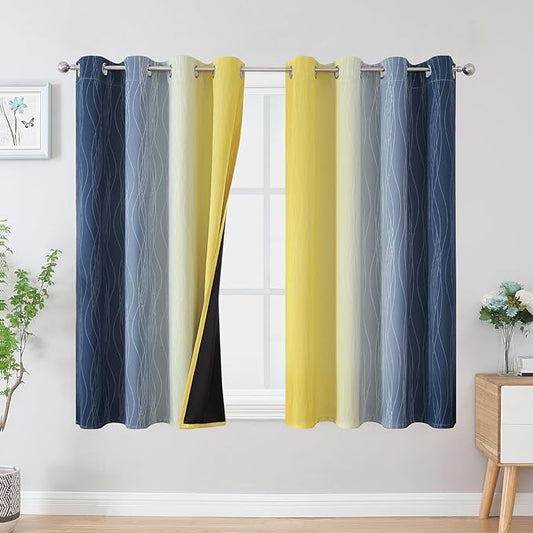 Estelar Textiler Navy Blue and Yellow Blackout Curtains 54 Inch Length, Full Light Blocking Gradient Grommet Drapes for Living Room, Thermal Insulated Ombre Curtains for Bathroom,52Wx54L,2 Panels