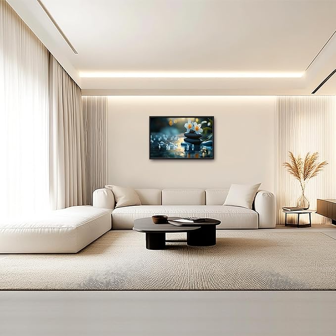 Zen Framed Wall Art for Living Room, Large Lotus Canvas Wall Decor, Stones in Water Landscape Pictures Painting, Modern Artwork for Spa Bathroom Bedroom 36L'' × 24W''