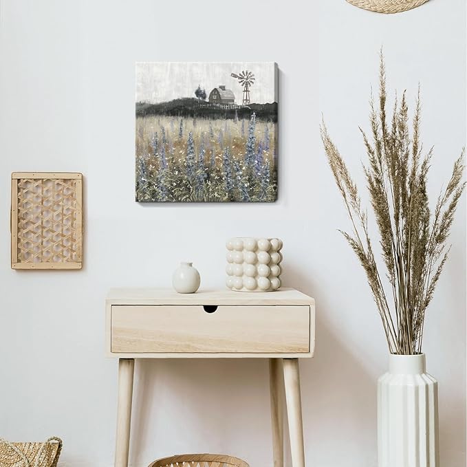 Bathroom Wall Art Vintage Farmhouse Canvas Print Retro Countryside Flower Field Nature Meadow Landscape Rustic Windmill Barn Picture Framed Artwork for Home Bedroom Living Room Black Purple 14x14inch