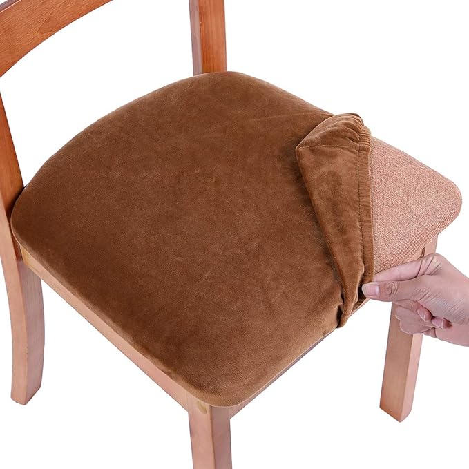Smiry Velvet Seat Covers for Dining Room Chair Set of 4, Stretch Fit Removable Washable Chair Seat Cushion Protector Slipcovers with Ties, Camel