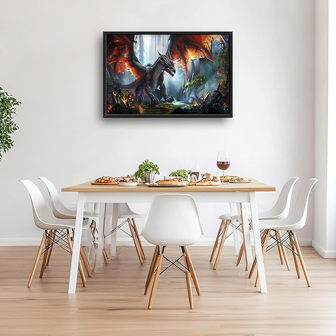 Dragon Large Framed Wall Art Western Fire Dragon Pictures Oversized Wall Decor Cool Animal Canvas Print Painting Aesthetic Modern Artwork for Living Room Bedroom Office Bathroom Home Decor 36L x24W