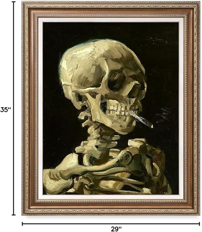DECORARTS - Head of a Skeleton with a Burning Cigarette, Vincent Van Gogh Art Reproduction. Acid Free Cotton Canvas Giclee Print w/Bronze Frame&Mat for Wall Decor.