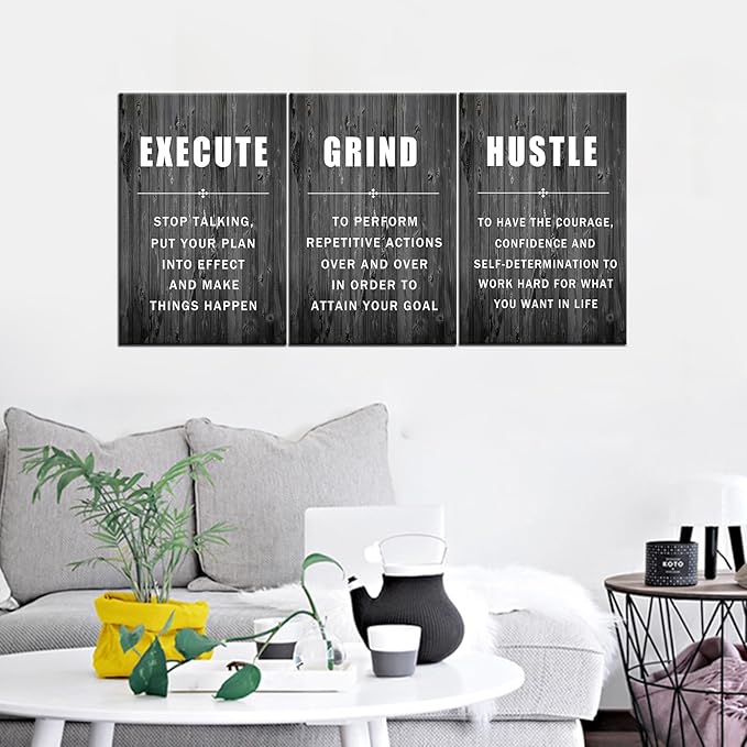 Motivational Wall Art Execute Grind Hustle Inspirational Poster 3 Pieces Canvas Prints Artwork for Living Room Modern Home Decor Painting Pictures Stretched and Framed Ready to Hang [48''Wx 24''H]